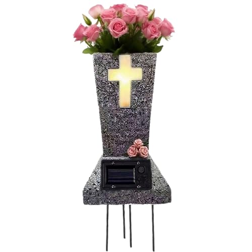 Cemetary Vase Solar Cemetery Grave Vase with LED Cemetery Vases for Grave with Spikes Decorations for Cemetery Grave Flower Holder for Loss of Loved One - color: Light Black