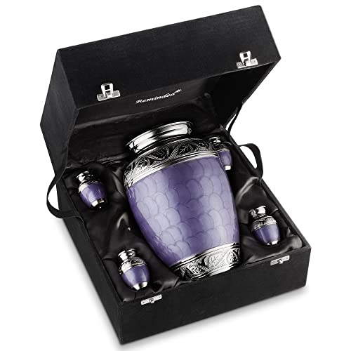 Reminded Set of 5 Etched Cremation Urns for Human Ashes - 1 Brass Adult + 4 Keepsake Token Size, Lavender - color: Lavender