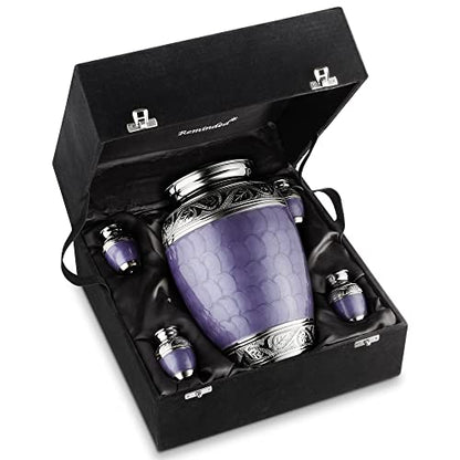 Reminded Set of 5 Etched Cremation Urns for Human Ashes - 1 Brass Adult + 4 Keepsake Token Size, Lavender - color: Lavender
