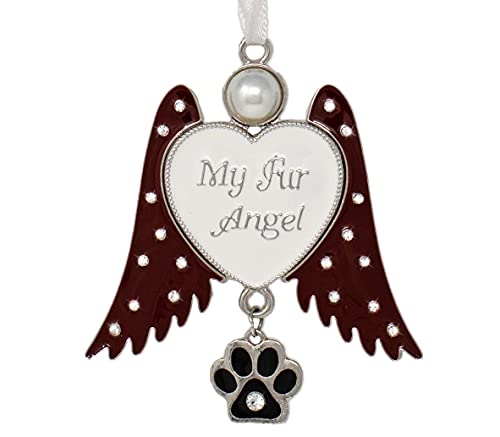Pet Memorial Ornament Angel Wings with Paw Print Charm, My Fur Angel Engraved Heart, Rhinestone Jeweled Wings Hanging Remembrance Ornament, Dog Cat Loss Sympathy Gift, Pet Memorial Gift