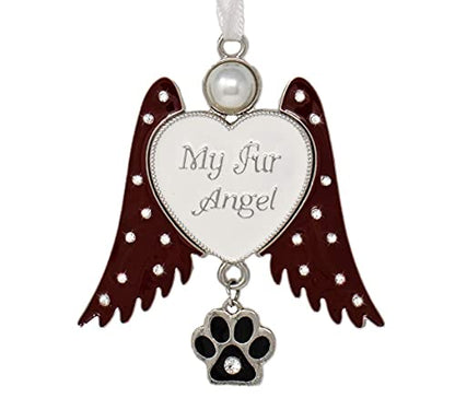 Pet Memorial Ornament Angel Wings with Paw Print Charm, My Fur Angel Engraved Heart, Rhinestone Jeweled Wings Hanging Remembrance Ornament, Dog Cat Loss Sympathy Gift, Pet Memorial Gift