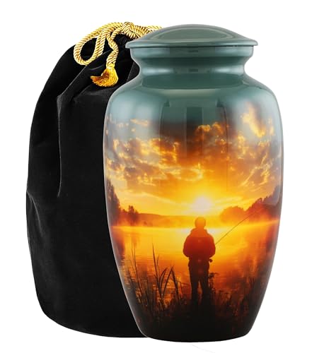 Large Fishing Cremation Urn for Human Ashes Adult – Handmade Funeral Urn for Men & Women, 200 Cubic Inch Memorial Urn, Decorative Burial Urn with Velvet Bag for Loved One (Non-Customize, Adult) - size: Adult