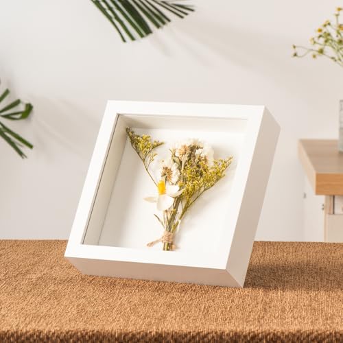6x6 Small Shadow Box Frame with Ultra-Clear Glass & Soft Linen Back | With Push Pins and Stand, Deep 1.2" White Shadow Box Display Case – Display on Tabletop or Wall for Photo, Flower, Keepsakes - color: White+high Definition Panel + Shatter-proof Packagi