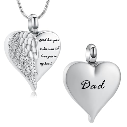 Angel Wing Heart Urn Necklace for Ashes Cremation Jewelry for Women Men Stainless Steel Memorial Necklaces Ash Holder for Human Keepsake Jewelry for Loved Ones with Fill Tool - color: Silver-Dad
