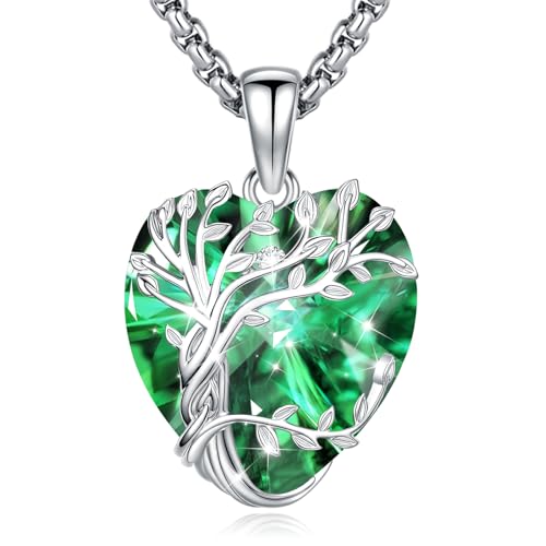 Eusense Tree of Life Necklace for Women Men Sterling Silver 925 Tree Urn Locket Cremation Jewelry Family Tree Pendant Gifts for Her Him Mom Dad Grandma Daughter - style: E-G-Tree of Life Necklace 05-Emerald