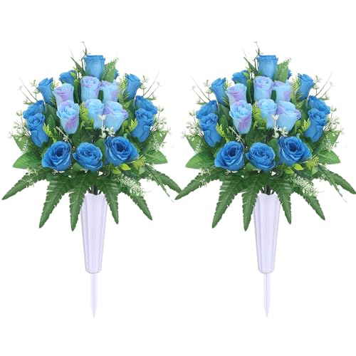 Lodou Set of 2 Artificial Cemetery Flower, Outdoor Grave Decorations Roses,Cemetery Memorial Flowers with Vase for Gravesite Outdoor Headstone Tombstone Decorations (Blue) - color: Blue