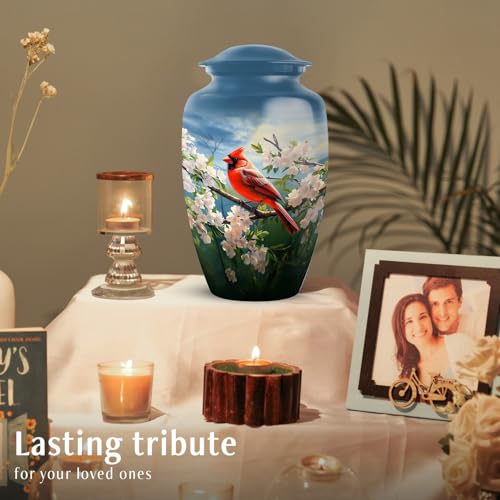 YATSKIA Cherry Blossoms Red Cardinal Bird Urns for Human Ashes Adult Man, Urn for Ashes for Women, Cremation Burial Urns, (Large Urn, 10 Inch)