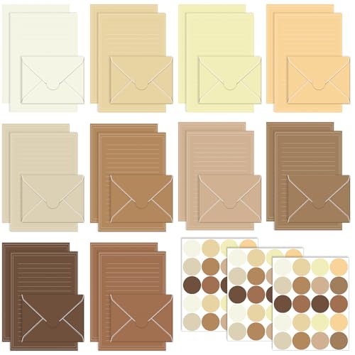 Taobary 160 Pack Stationery Paper Set,5.5 X 8.25 Inch,Brown Color | stationery paper and envelopes set,50 Double Sided Stationery Writing Papers 50 Matching Envelopes 60 Round Dot Sticker - color: Brown Color, size: 5.5 x 8.25 Inch