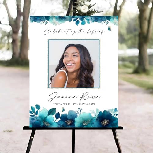 Blue and Gold Flower Funeral Welcome Sign, Celebration of Life Welcome Sign, in Loving Memory Sign, Celebration of Life Funeral Sign, Celebration of Life Sign, Memorial Sign with Photo #fR123 - color: Version #14