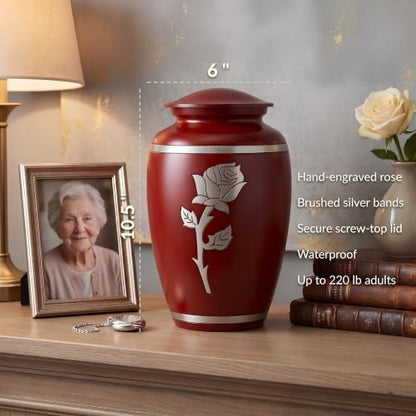 Red Rose Cremation Urn for Ashes Adult Female, 220 Cubic Inches | Hand-Engraved Rose, Solid Metal Build, Threaded Lid, Velvet Bag Included, Burial or Display Ready, Holds 220 Pounds - color: Red
