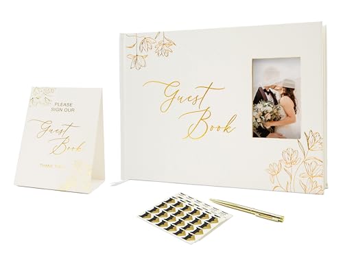 Guestbook Bundle Set (Guestbook, Sign, Photo Corners, Box & Pen Included) - Wedding Birthday Event Guestbook with Photo Insert Slot, Reception Welcome Table Decor
