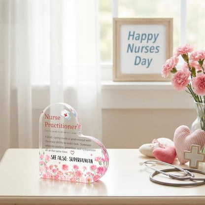 Smile Nurses Week Heart-Shaped Acrylic Tabletop Decor Nurse Practitioner Definition Desktop Plaque with Floral Nurse Cap Indoor Home & Office Decor - style: Nurse