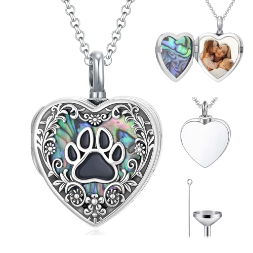 Personalized Heart Urn Locket Necklace for Ashes and Pictures 925 Sterling Silver Customized Locket Cremation Necklace for Ashes Memorial Keepsake Jewelry for Women - color: Abalone Paw Prints Urn Locket, style: Custom