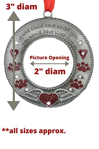 Pet Memorial Photo Ornaments Set of 3, Dog or Cat Remembrance Keepsake Picture Frames with Angel Wings, Paw Prints, Red Hearts, Enameled & Jeweled, Gift Bag Included, 3 Inch Round Holds 2 Inch Photo - size: 3 Standard