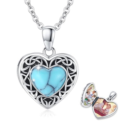 Locket Necklace for Women 925 Sterling Silver Celtic Locket Pendant Necklace Moonstone/Turquoise/Black Agate Heart Shaped Locket Necklace Jewelry Gifts for Women - style: Turquoise