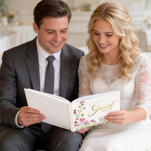 EVERLORIA Wedding Guest Book, 108 Blank Pages Guest Sign in Book, Leather Hardcover Signature Guestbook for Wedding Reception Bridal Baby Shower Anniversary Quinceanera Birthday Graduation - color: Floral E