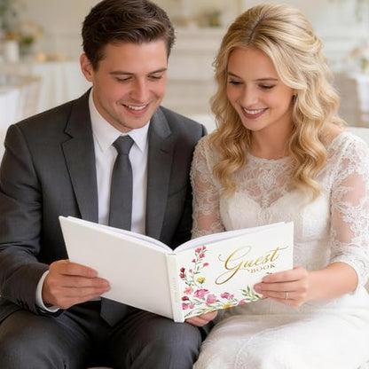 EVERLORIA Wedding Guest Book, 108 Blank Pages Guest Sign in Book, Leather Hardcover Signature Guestbook for Wedding Reception Bridal Baby Shower Anniversary Quinceanera Birthday Graduation - color: Floral E