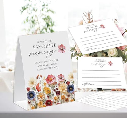Share A Memory Sign and Cards, Funeral Memorial Card, Wildflower Share A Memory Set for Celebration of Life, Birthday Party, Funeral, Graduation,Bridal Shower, Wedding, Keepsake Cards -SAM07