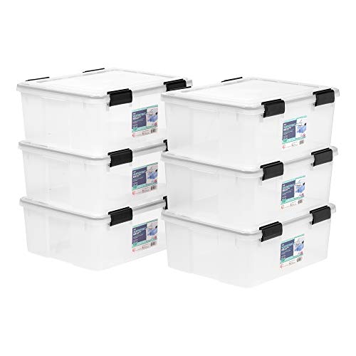 IRIS USA 6-Pack 31 Qt Storage Bins with Gasket Lids, Clear/Black | WeatherPro seal protects everyday essentials in closets, offices and laundry rooms - size: 31 Qt, style: 6 Pack