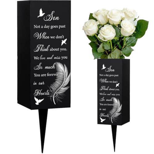 WEBEEDY Son Cemetery Vases with Spike for Grave, Metal Flower Holder Memorial Grave Markers Cemetery Decorations for Memorial Day Sympathy Funeral Gift for Loss of Loved Ones, 3.1x7.9 Inch, 1pc - color: Feathers, Son