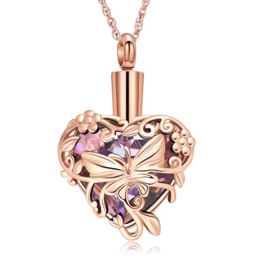 shajwo Butterfly Heart Urn Necklaces Cremation Jewelry for Ashes for Women Men Memorial Human Ashes Pendant - color: A Rose Gold-Purple