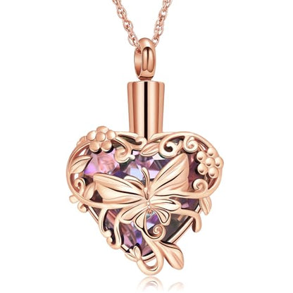 shajwo Butterfly Heart Urn Necklaces Cremation Jewelry for Ashes for Women Men Memorial Human Ashes Pendant - color: A Rose Gold-Purple
