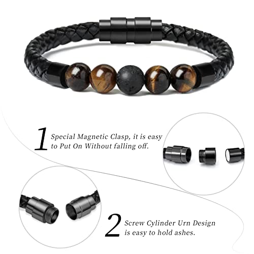 shajwo Cremation Jewelry Lava Stone Urn Bracelet for Ashes for Women Men Chakra Healing Balancing Genuine Leather Memorial Bracelets - color: Black (4 Tiger Eye + 1 Lava Stone)