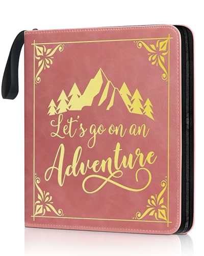 Adventure Leather Photo Album 4x6 200 Photos, DIY Scrapbook with 50 Sheets and 20 Blank Kraft Sheets, Travel Souvenir Diary Photo Book for Family Wedding Baby and Holiday Pictures - color: Pink-text