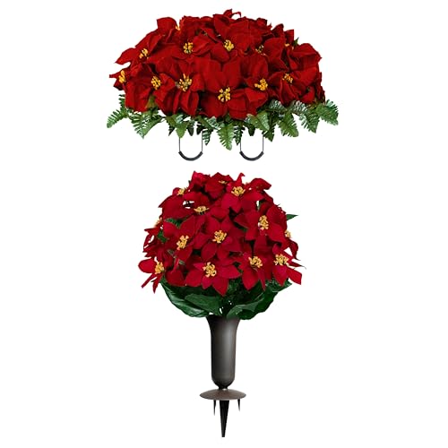 Sympathy Silks Artificial Cemetery Flowers - Gravesite Memorial Arrangment - Red Poinsettia (1) Saddle (1) Bouquet (1) Vase - color: Red, size: (1) Saddle (1) Bouquet (1) Vase