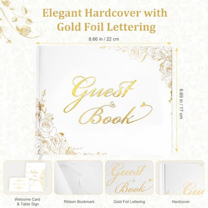 Wedding Guest Book Set, Gold Rose Luxury Hardcover, Gold Foil, 120 Pages - color: Gold