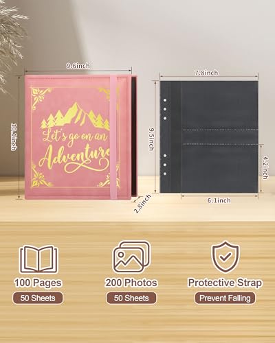 Leather Photo Album 4x6 200 Photos,Slip-in Photo Album Book with 50 Sheets, Travel Souvenir Diary Photo Book for Family Wedding Baby and Holiday Pictures - color: Pink