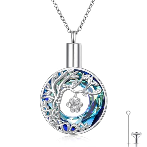 DAOCHONG Pet Paw Print Tree of Life Urn Necklace for Dog Cat Ashes Memorial | Sterling Silver Pet Cremation Pendant | Paw Print Keepsake | Memorial for Pet Loss - style: Paw Print Tree of Life Urn Necklaces