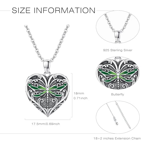 Heart Photo Locket Necklace Sterling Silver for Women | Dragonfly, Butterfly, Turtle, Dog Paw and Mother Daughter Styles, Jewelry Gifts for Mom Christmas Birthday Anniversary. - style: 1-Dragonfly-Green