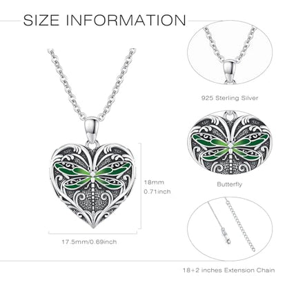 Heart Photo Locket Necklace Sterling Silver for Women | Dragonfly, Butterfly, Turtle, Dog Paw and Mother Daughter Styles, Jewelry Gifts for Mom Christmas Birthday Anniversary. - style: 1-Dragonfly-Green