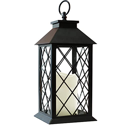 13.5" Black Vintage Candle Lantern with LED Pillar Candle and Timer - IP44 Waterproof Porch Light - Tabletop Lantern Decorative Outdoor - color: Textured Black Vintage Lantern - PP Metallic Coating