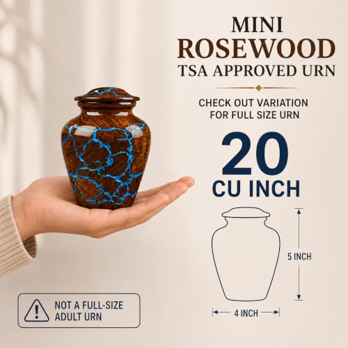 Small Cremation Urn for Human Ashes Adult - Keepsake Memorial & Funeral Urn for Mom, Dad | Premium Mini Rosewood Urn - Blue Resin Inlay | Sharing Urn for Men & Women, Pet Urn for Dog & cat - 20 CU/in - size: SMALL 20 Cu