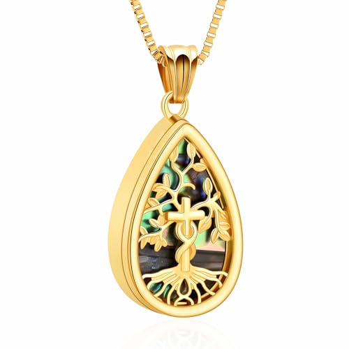 XSMZB Tree of Life Teardrop Cremation Jewelry for Human Pet Ashes Cross Urn Necklace for Ashes of Loved One Keepsake Pendant - color: Gold