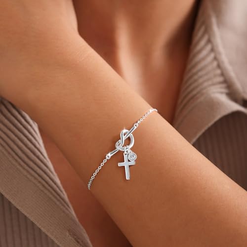 Moodear Cross Bracelet for Women, Dainty Sterling Silver/Gold Plated Gift | Christian Religious Gifts for Teen, Stocking Stuffers, Adjustable Link Bracelets, Sparkling CZ Cross, Non Tarnish Jewelry - color: Silver Knot Cross Bracelet