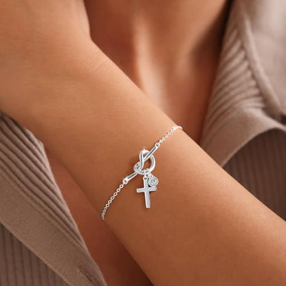 Moodear Cross Bracelet for Women, Dainty Sterling Silver/Gold Plated Gift | Christian Religious Gifts for Teen, Stocking Stuffers, Adjustable Link Bracelets, Sparkling CZ Cross, Non Tarnish Jewelry - color: Silver Knot Cross Bracelet