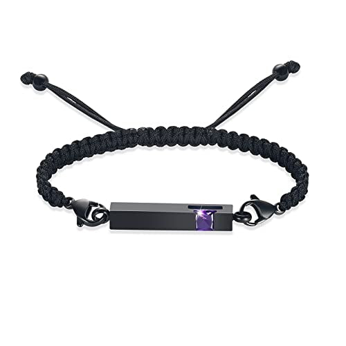constantlife Birthstone Crystal Cube Urn Bracelet for Ashes Braided Rope Adjustable Bangle Cremation Memorial Jewelry Loved Ones Funeral Keepsake Gift for Women Men - color: Black-Purple