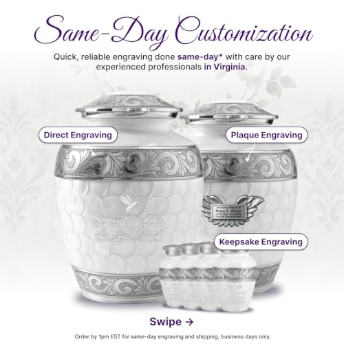 AmericUrn Custom Plaque White Patch Urns for Human Ashes Adult - Burial Urn Set of 7 with 1 Large urn, 4 Keepsake & Memorial Necklaces - color: White Patch Plaque Set