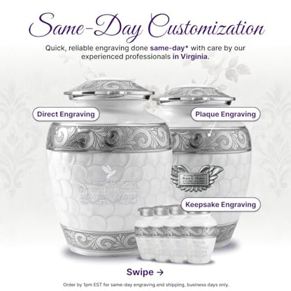 AmericUrn Custom Plaque White Patch Urns for Human Ashes Adult - Burial Urn Set of 7 with 1 Large urn, 4 Keepsake & Memorial Necklaces - color: White Patch Plaque Set