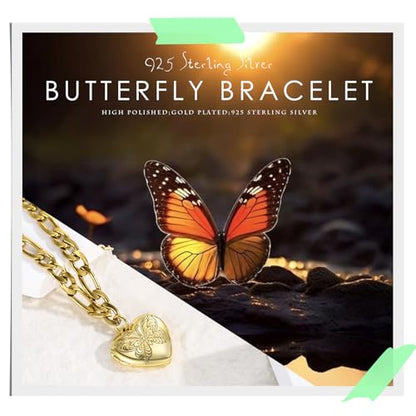 TUGHRA Gold Locket Bracelet for Women, 925 Sterling Silver Heart Photo Bracelet Lockets Memorial Keepsake Jewelry Gift for Mom, Wife, Daughter Mother's Day Birthday - style: B-Butterfly
