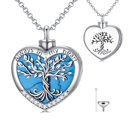 TOUPOP Tree of Life Urn Necklaces for Ashes 925 Sterling Silver Heart Cremation Jewelry Memorial Keepsake Jewelry with Funnel Filler for Women Men - color: A-Heart Tree of Life-Turquoise