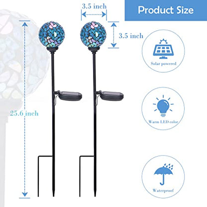 Afirst Solar Outdoor Decorative Light, Mosaic Stake for Yard Decor, 3.5" | 2 Pack Crackle Glass Sphere Mosaic Glass Ball Stake, Waterproof Design & Solar Lights for Lawn, Yard & Pathway Decor, Blue