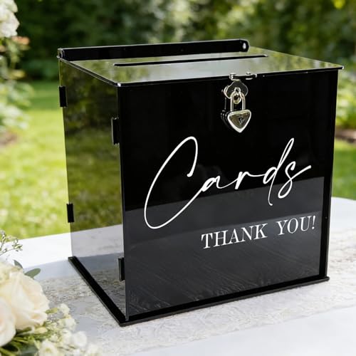 Black Acrylic Card Box with Lock & Slot, Gothic Wedding Card Boxes for Reception Money Envelope Cash Gift, Minimalist Cards Box for Party Graduation Anniversary Funeral Memory Table Decor - color: Black