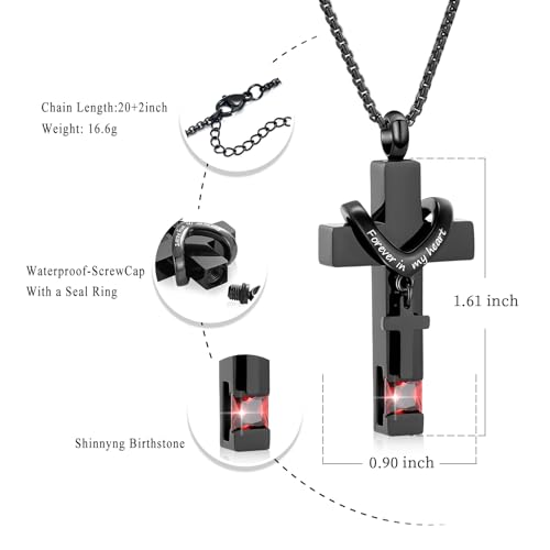 Oinsi Black Cross Urn Necklace For Ashes Of Loved Ones With Birthstone Always In My Heart Cremation Jewelry Keepsake Pendant Women Men - color: Red Stone