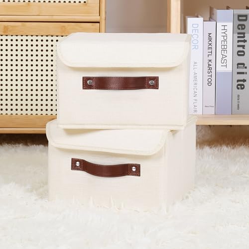 ANMINY Fabric Storage Box Bins with Lids, Beige, 10"x8"x7", 2 Pack - color: Beige, size: Small (Pack of 2)