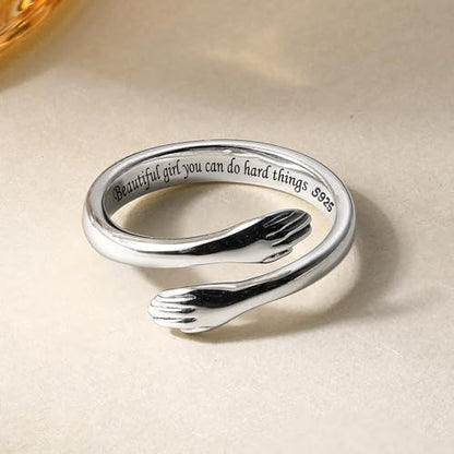 LOVECOM S925 Sterling Silver Hug Rings for Women Teen Girls Mother Daughter - color: Beautiful g@rl you can do hard things, size: US Size 8