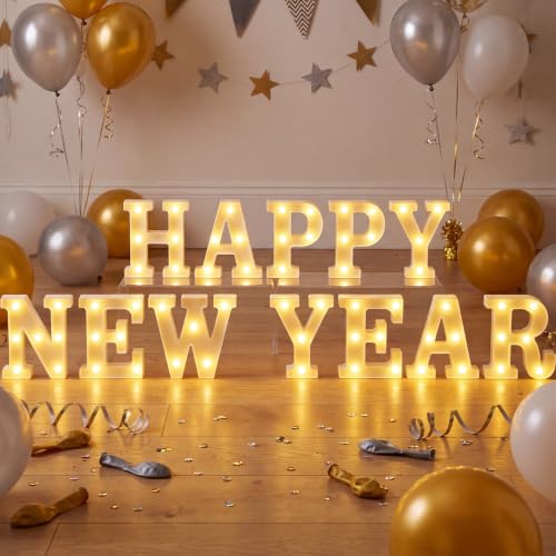 12 Pcs Happy New Year Decorations 2027 New Year's Eve Light up Signs Battery Powered LED Letter Lights for Wall Shelf Table 2027 Midnight Celebration Party Supplies Winter Home Decor - style: Happy New Year